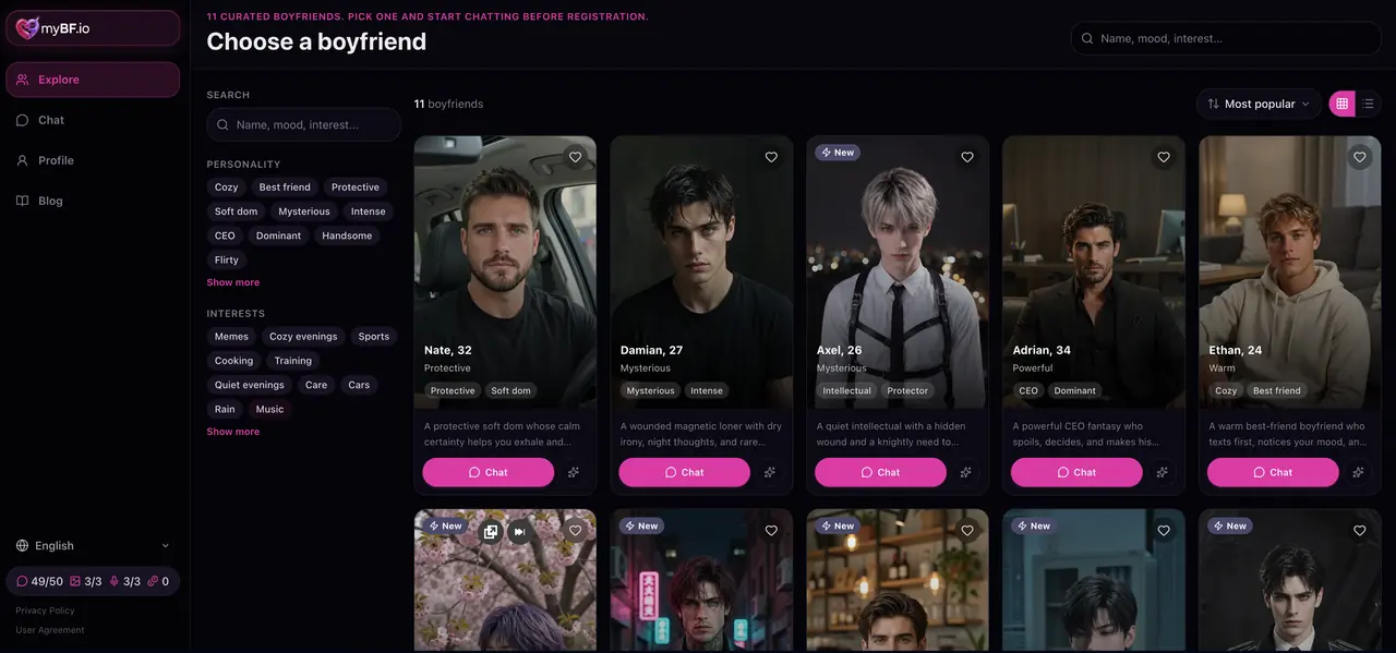 AI boyfriend companion catalog screenshot